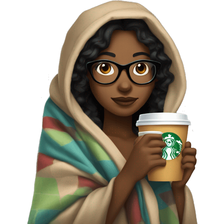 black hair girl with glasses inside a blanket sipping starbucks coffee emoji