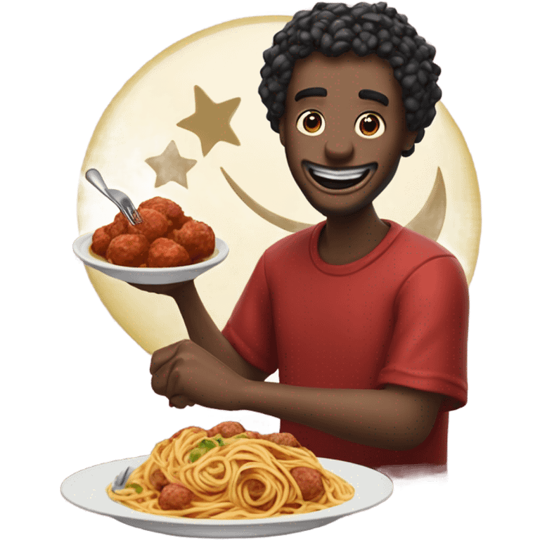 M create a crescent, moon, eating spaghetti while smiling with red sauce and meatballs with a spoon and a fork and hand and a napkin around his neck emoji