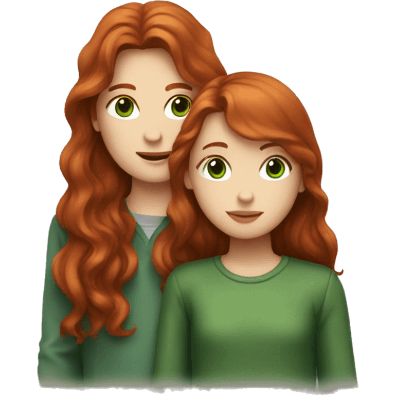 Redhead girl with brown eyes kissing boy with long brown hair and green eyes emoji