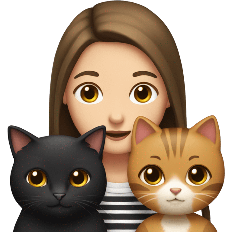 Girl with long brown hair with one black cat and one striped cat  emoji