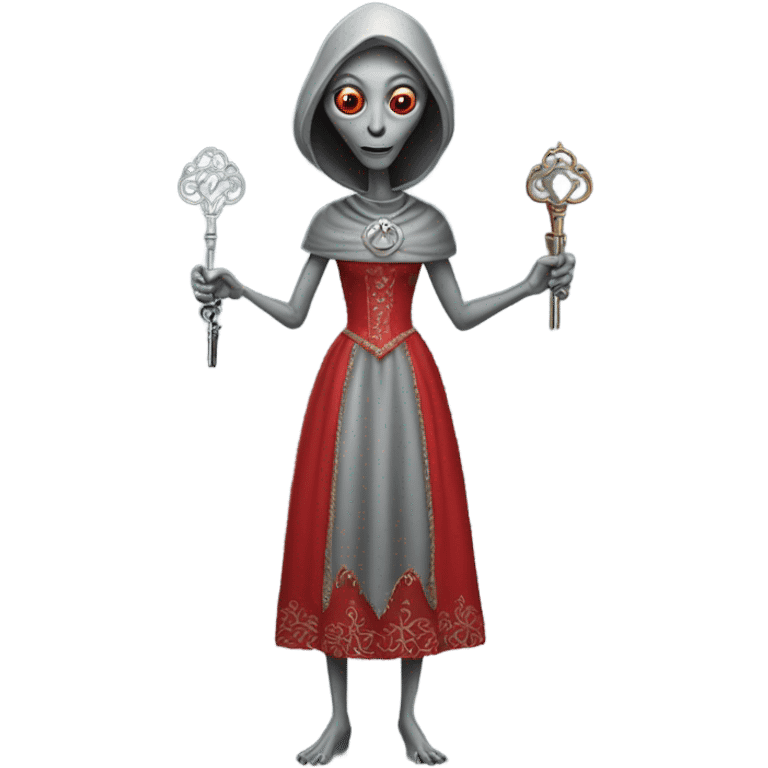 a gray alien woman, full body, in red Romanov dress, holding big keys emoji