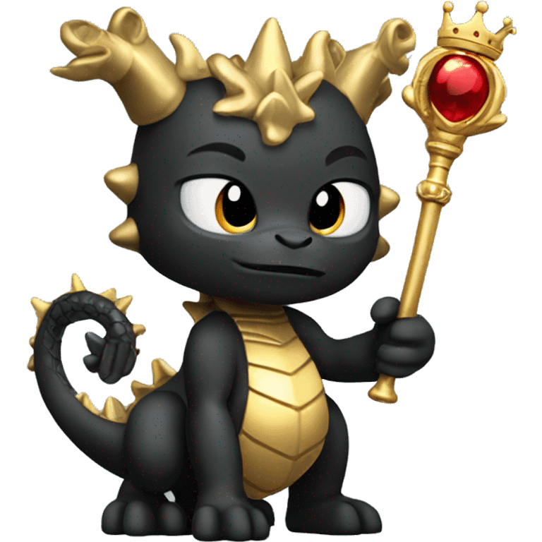 A black golden dragon whit body and a crown holding a golden sceptre in her left hand  emoji