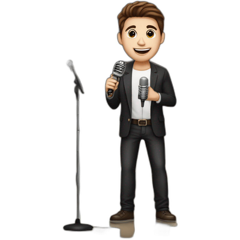  men with brown hair and light skin with microphone stand in front of him with show spotlights on a stage and many lights and spotlights on a raised stage emoji