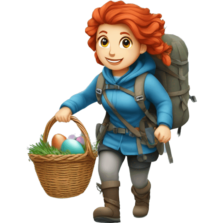 red hair female winter mountaineer climbing with Easter basket and Greek flag emoji