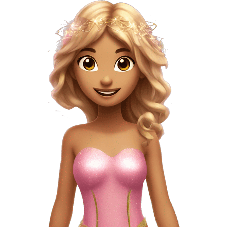 Flora the adult latina fairy of nature in her enchantix fairy pink clothing and fairy enchantix wings and long light brown hair from winx club. Small eyes, Lots of sparkles and fairydust. Full fairy bliss emoji