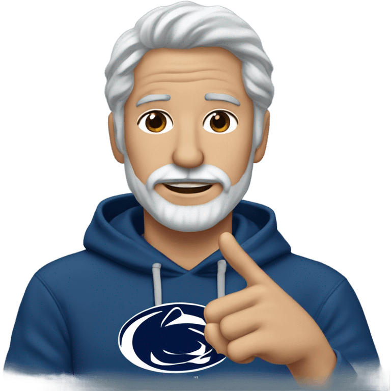 A man with shoulder-length gray hair, a long salt-and-pepper beard and mustash wearing a Penn State blue hoodie making the heart sign with his hands.  emoji