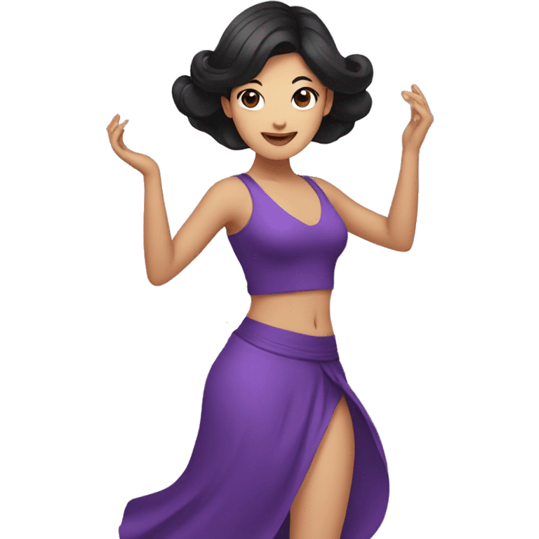 illustrated logo, kawai woman, dancing, purple clothing, black hair, bright eyes emoji