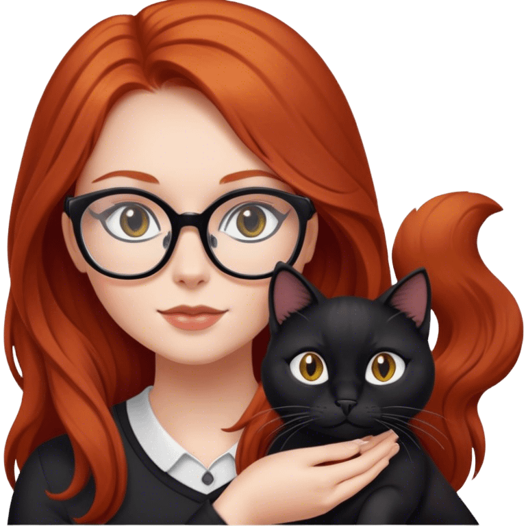 redhead with long hair and glasses with her black cat emoji