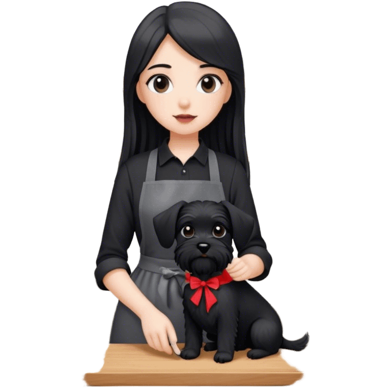 pale girl with long back hair wearing black long shirt wearing apron holding black  schnauzer emoji