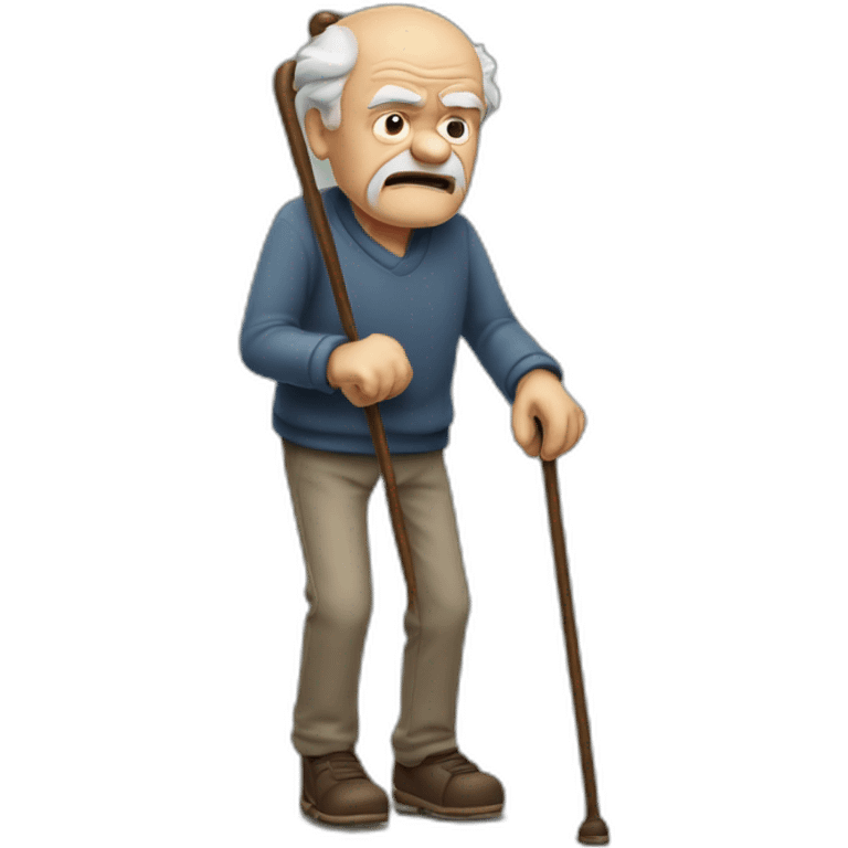 Old man leaning on a walking cane and holding his crancky back with his hand, grumpy face, detailed emoji