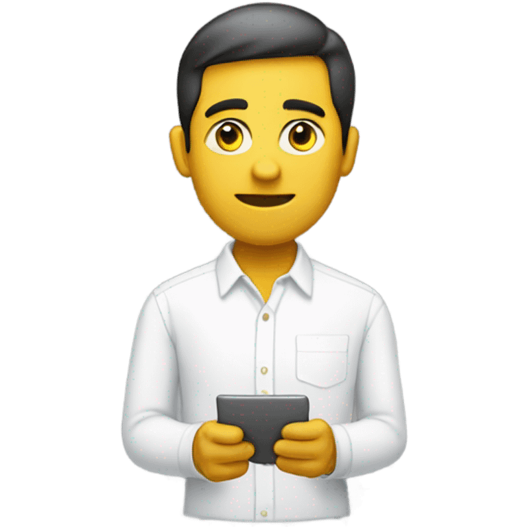 yellow skin man typing on white keyboard on desk wearing white button down shirt front view emoji