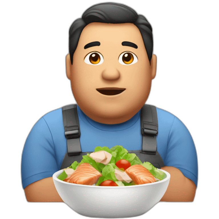 a fat man that eats a salad made of chicken and salmon emoji