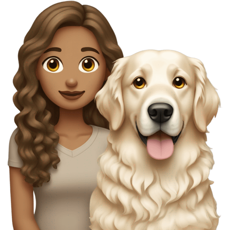 Wavey brown haired woman and her English cream golden retriever curly haired dog emoji