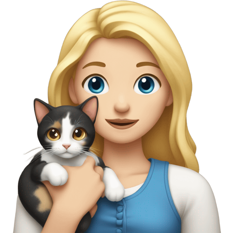 Blue eyes blonde girl, holding a calico cat emoji