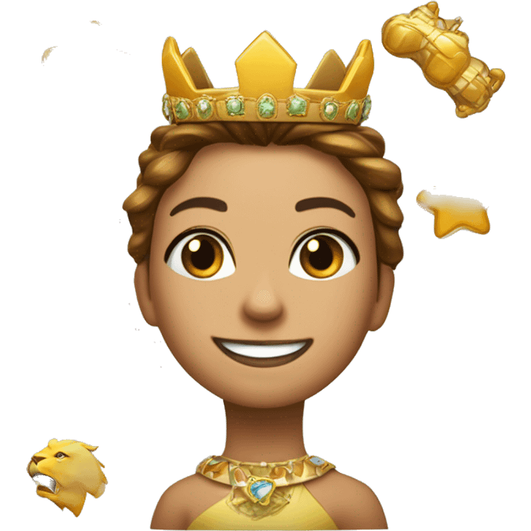 Un león hembra alegre y juguetona con corona de brillo de Reyna  emoji