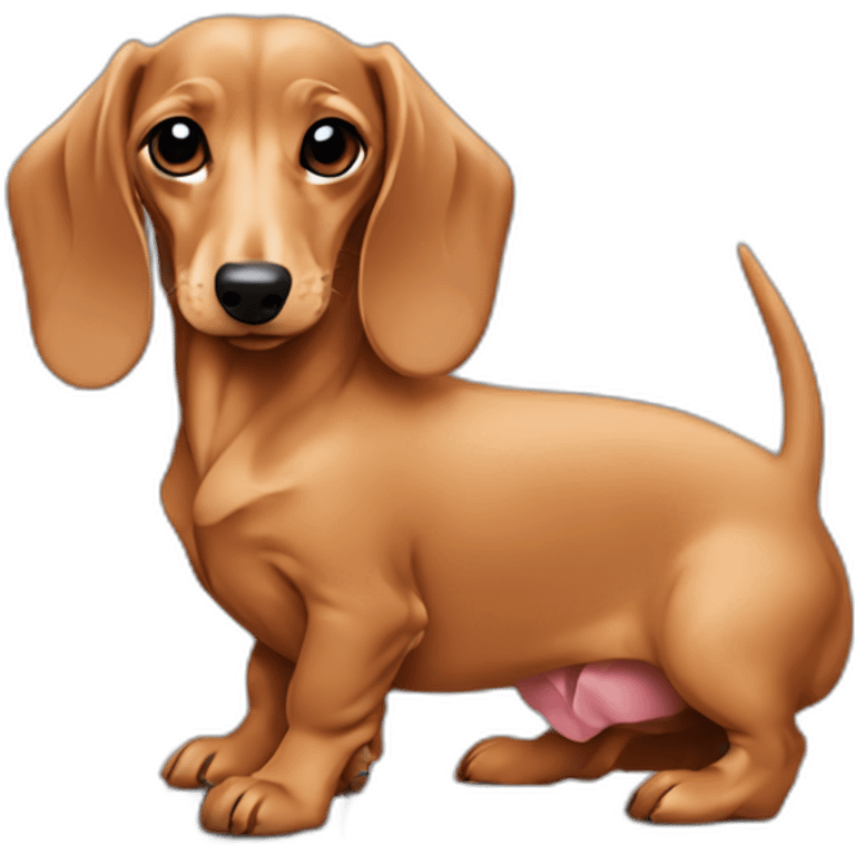 A fawn colored dachshund behind a laptop emoji