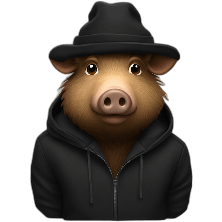 Really sad brown boar in a black winter hat and black jacket emoji