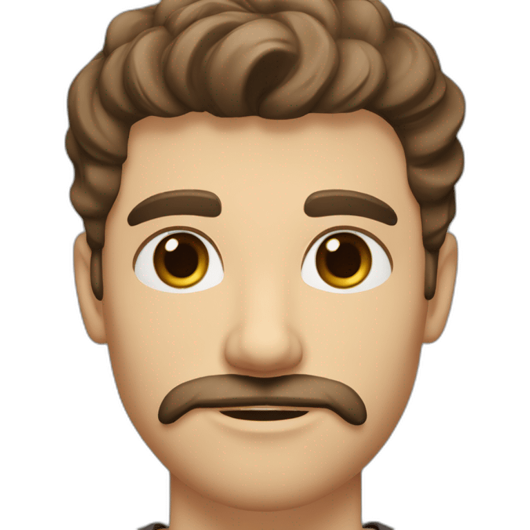 A young Caucasian man with dark brown eyes, almond-shaped eyes, short dark brown hair, and a small dark brown beard with a more prominent mustache. emoji