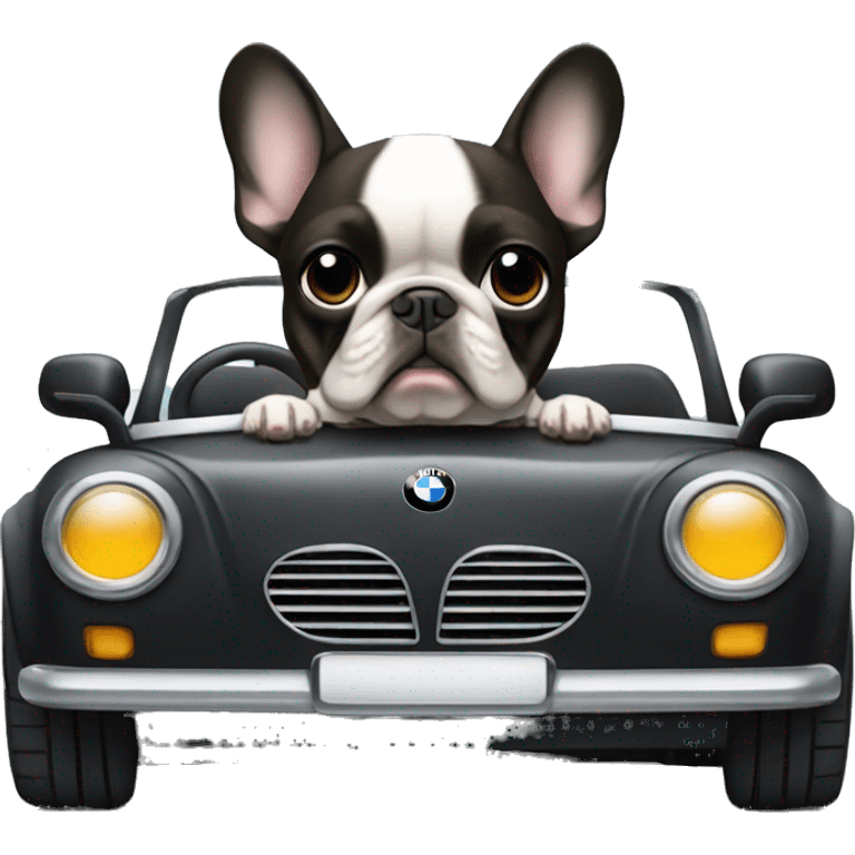 French Bulldog driving a black convertible BMW emoji