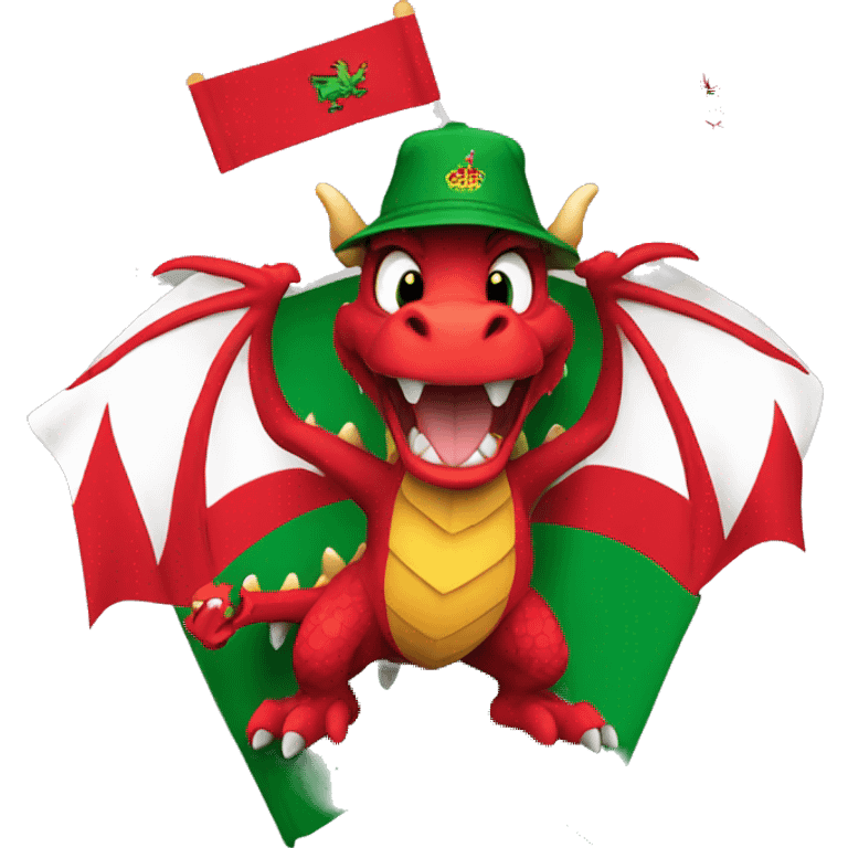 Excited Welsh dragon holding 2 small Welsh flags wearing a Wales FA bucket hat emoji