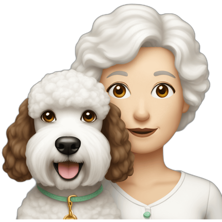 little white poodle and brown haired older woman emoji