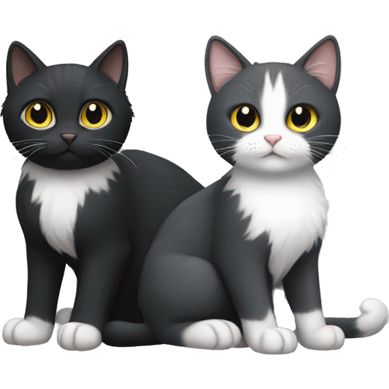 black cat with white chest hair and white paws next to a gray cat with white chest hair and white paws emoji