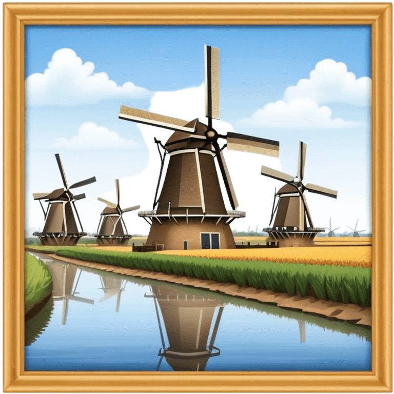 Cinematic Realistic Kinderdijk Windmills Landmark Emoji, depicted as a row of classic Dutch windmills set against a serene sky rendered with detailed textures and soft natural lighting. emoji