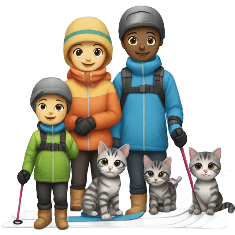 Infant skiing with its family of five, and their grey striped cat emoji