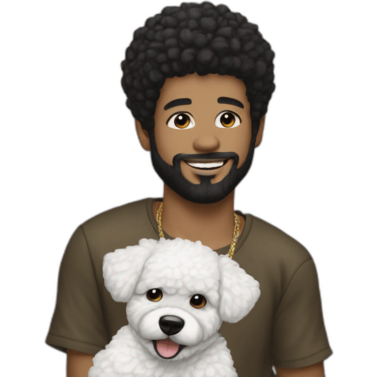 young-rapper-with hoop-white skin-black hair-beard-bichon dog-white-smile emoji