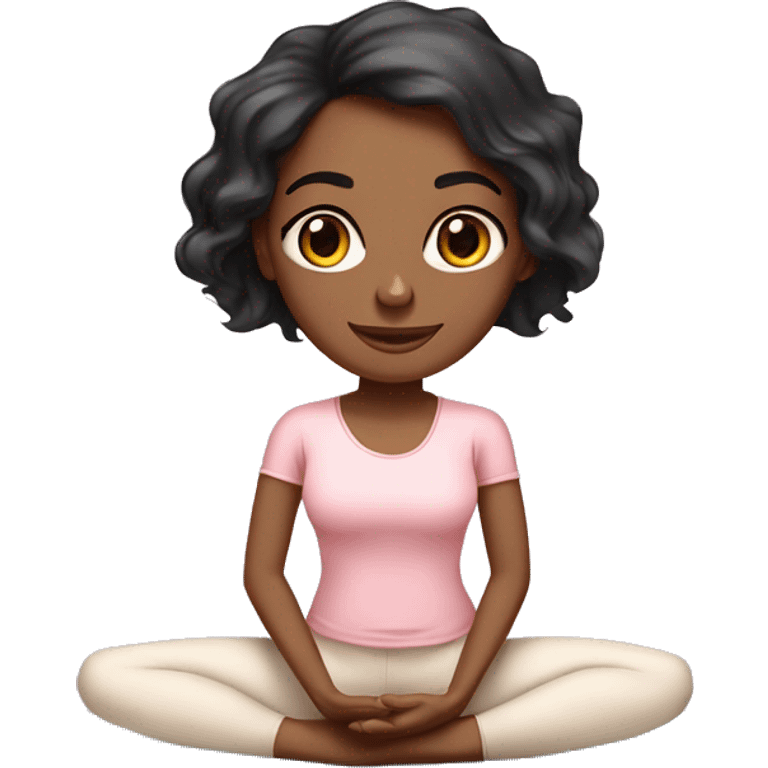 black long wavy hair and brown eyes with medium skin yoga girl in light pink clothes sitting on a yoga mat  emoji