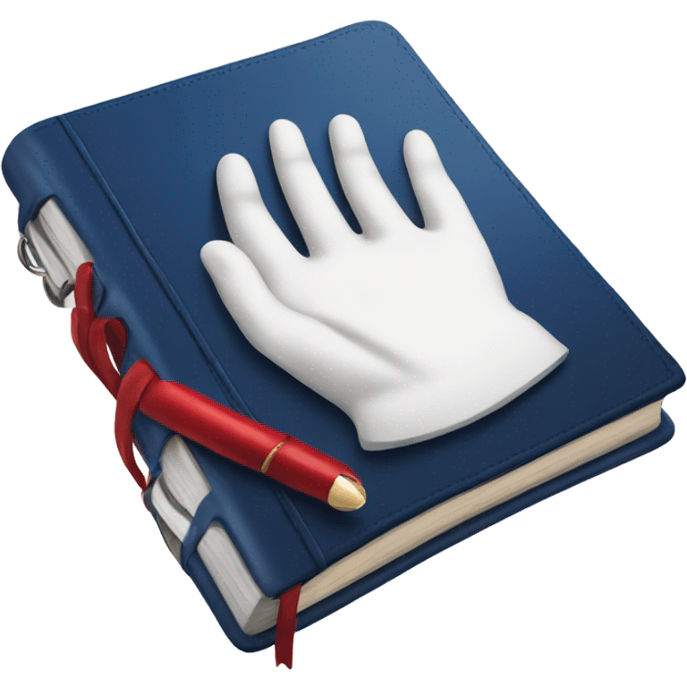 a hand with a red manicure holds a dark blue diary emoji