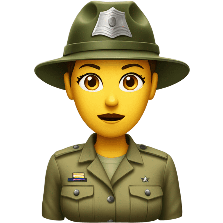 a female drill sergeant showing full torso wearing a classic sergeant hat and a camouflage army shirt. The character should have an angry intense expression.  emoji