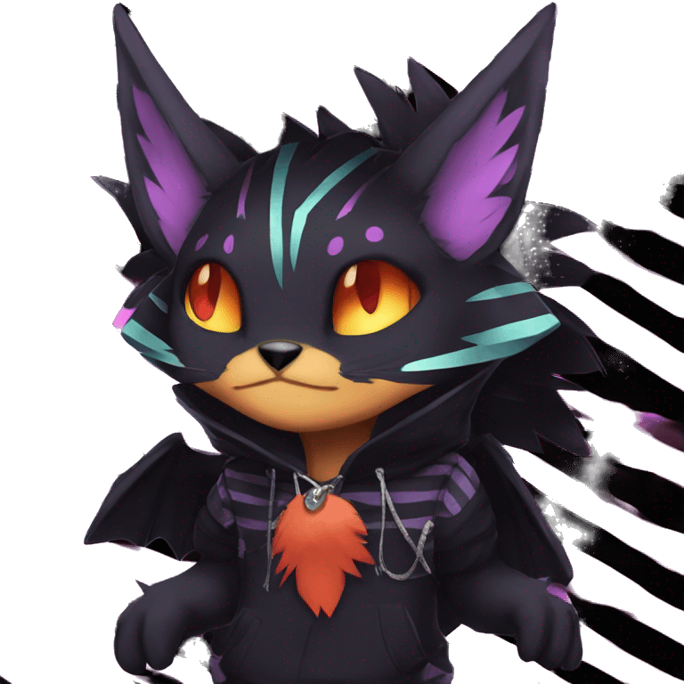 Cool Anthro Black Noibat-Quilava-Litten-Pokémon with edgy stripes hoodie spiked collar punk Full Body emoji