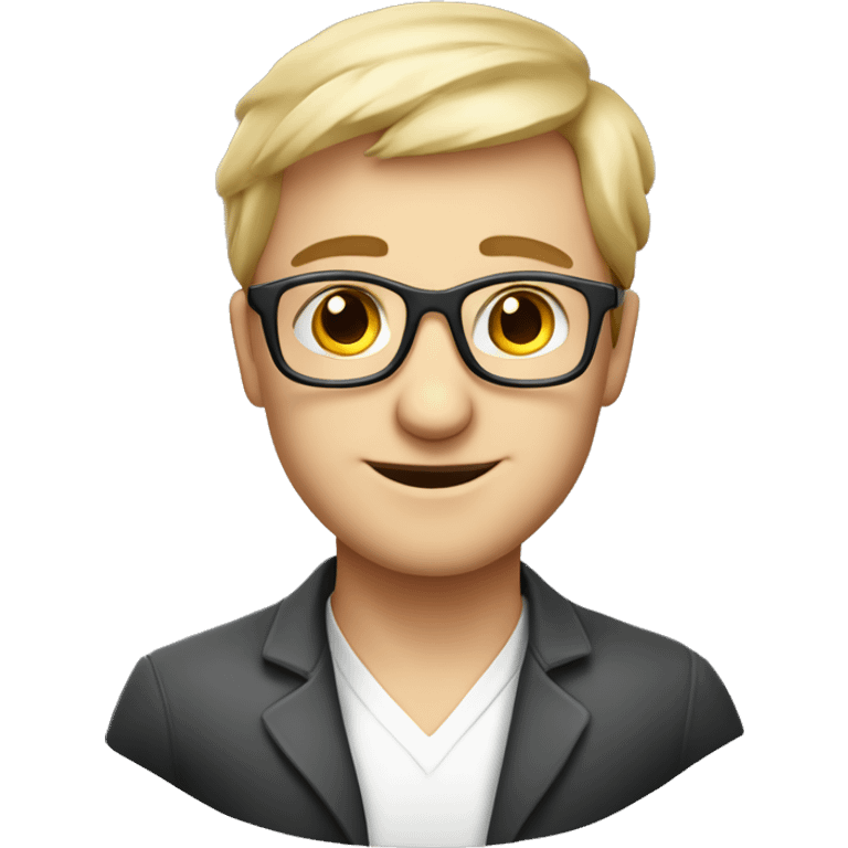 programmer surounded by tehnoloy. white skin, european, glasses, smiling and elegant emoji