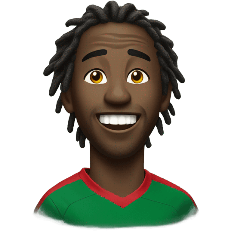 black man- short dread locks-  no facial hair laughing Portugal jersey lean crazy smile  emoji