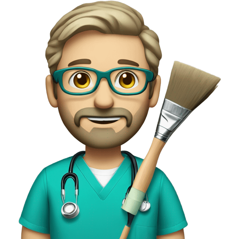 male dark blond with grey beard doctor with blue-green eyes and wire glasses in teal scrubs holding a paintbrush and a paint palette emoji