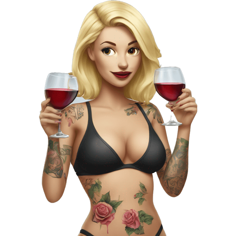 Blonde women in swimsuit, her body covered with tattoos, drinking wine, realistic image emoji