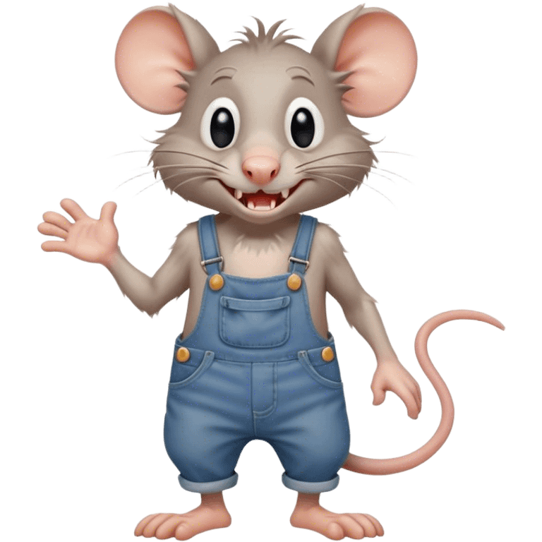 disheveled dizzy cartoon hillbilly rat wearing overalls no shirt. standing and talking full body. human eyes. teeth showing talking. walking talking moving arms emoji