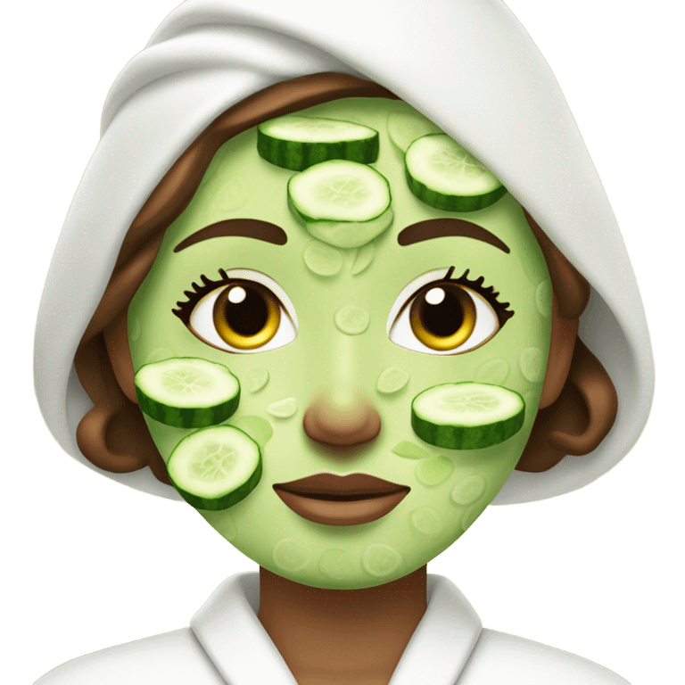 Girl with freackles Brown hair white skin and blue eyes wears Green colored texture skin care mask all over her face while She relaxes and puts two round piece of cucumber on her closed eyes In a white Robe emoji