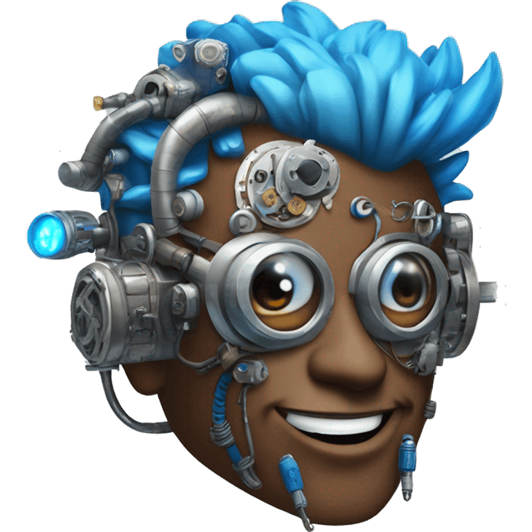 Brown cyborg head with blue Mohawk, blue beard, silver steampunk monocle goggles a smile and circuits emoji