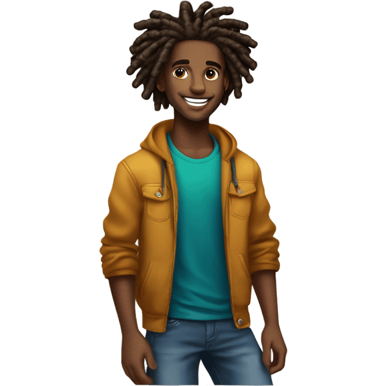 A young African-American male with short, thick dreadlocks and a friendly, confident smile. He has a slim but toned build and radiates a vibrant, approachable energy. His style combines casual streetwear with bold, trendy touches emoji