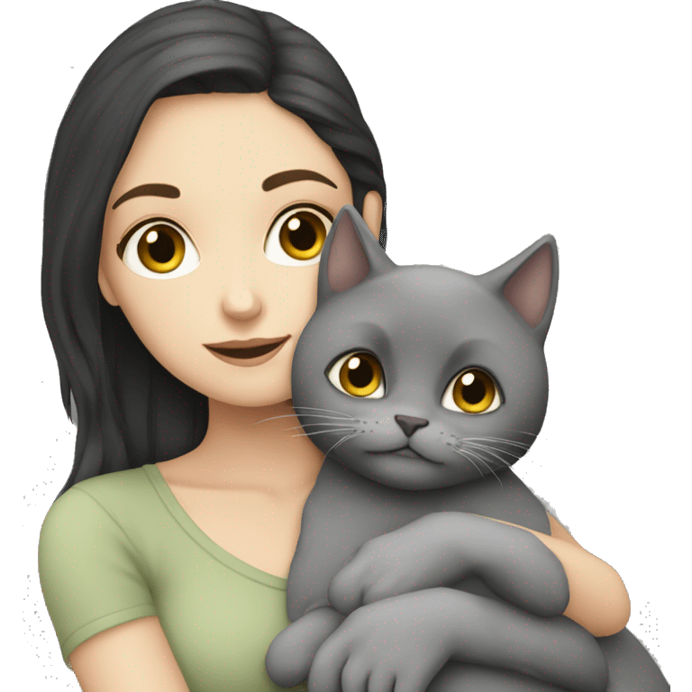 White Girl dark hair cuddling with grey cat emoji