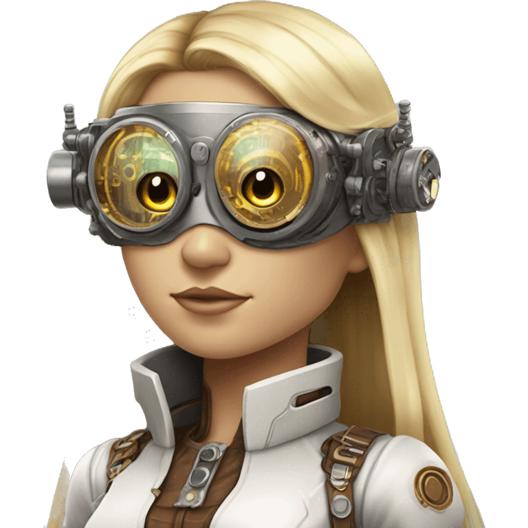 Brown long hair with blonde steaks female cyborg head, fair skin, steampunk goggles and circuits emoji