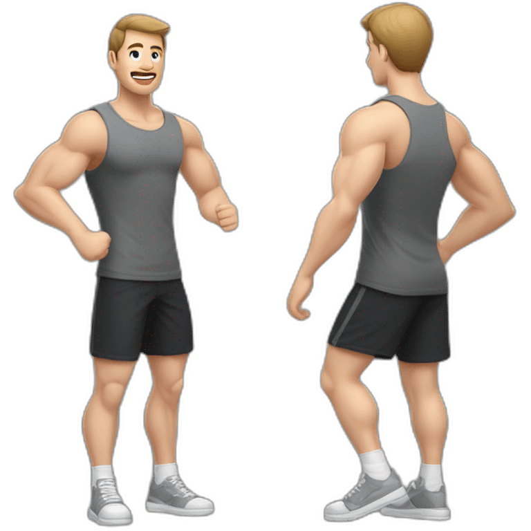 Full height realistic Actively gesturing with hands Pale skinned Fit Man With the biceps and brown hair in dark gray Sleeveless Mike, black oversize sports shorts, watch and white Sneakers emoji