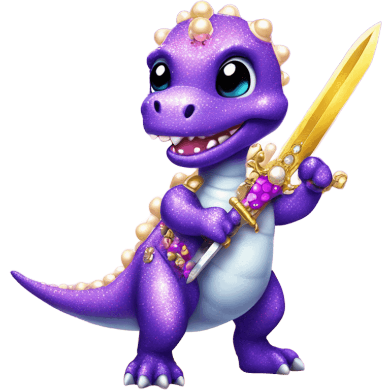 Lisa frank glitter purple cute dinosaur with sword and pearls emoji