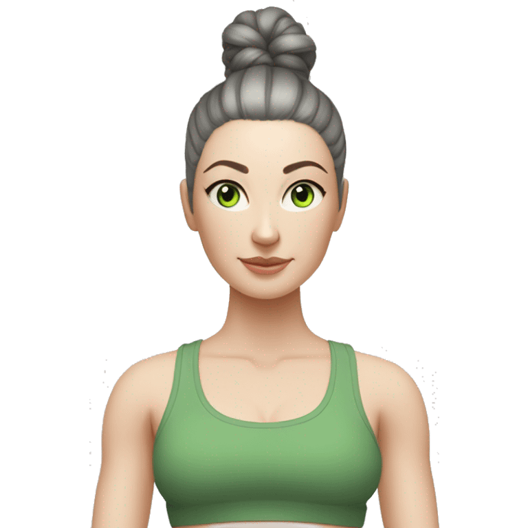 Pale skinned fit woman In a gray tight yoga suit and wristbands With ash black hair in a bun and green eyes doing yoga emoji