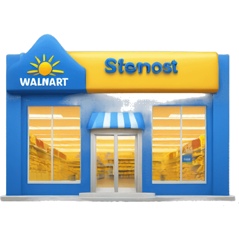 “Walmart store with a simple, recognizable design, featuring the iconic sunburst logo, blue and yellow color scheme, and storefront details that convey a large retail environment.” emoji