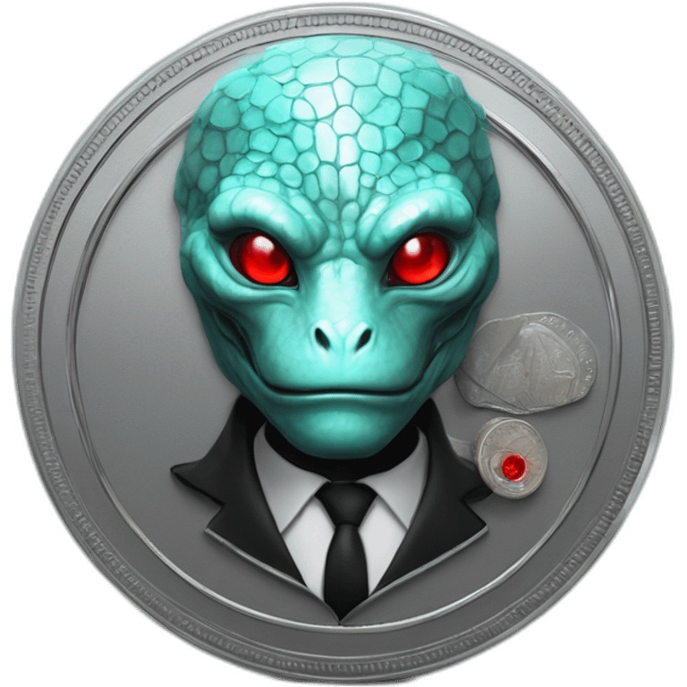 Aquamarine reptilian in classic black suite with red laser eyes on the middle of platinum coin emoji