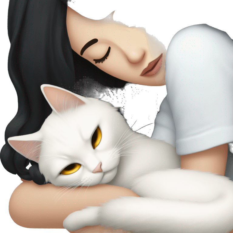 A pretty white girl with very long black hair and sleeping curled up to a white cat  emoji