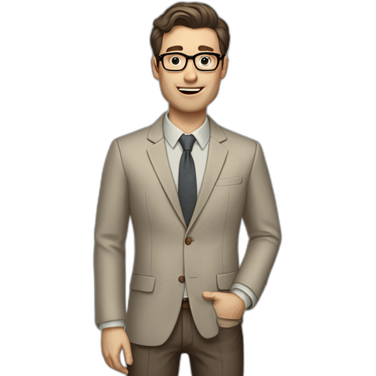 Full height Gesticulating Pale skinned fit man with dark brown hair in gray jacket, beige office shirt, brown tie, brown pants and vintage glasses. emoji